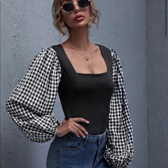 New! Clearance ๐ฅ Gingham Ballon Sleeve Top Black White Button up. - Picture 2 of 6